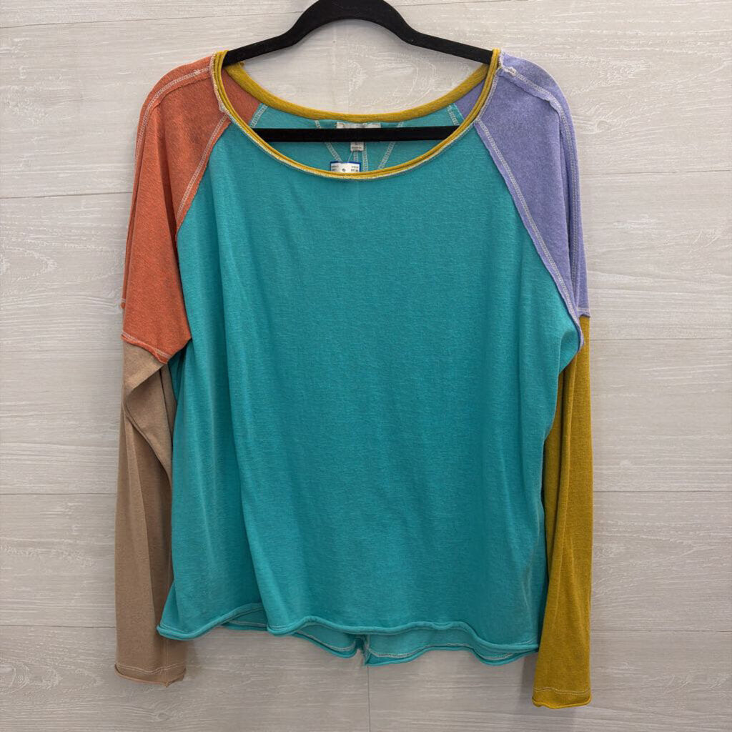 Umgee Blue/ Multi Color Block Long Sleeve Top Large