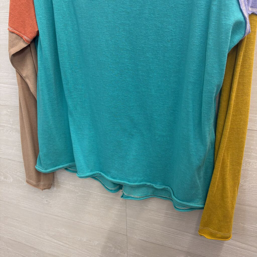 Umgee Blue/ Multi Color Block Long Sleeve Top Large
