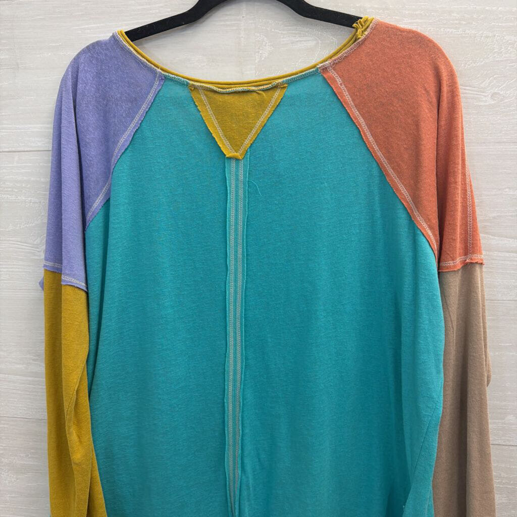 Umgee Blue/ Multi Color Block Long Sleeve Top Large