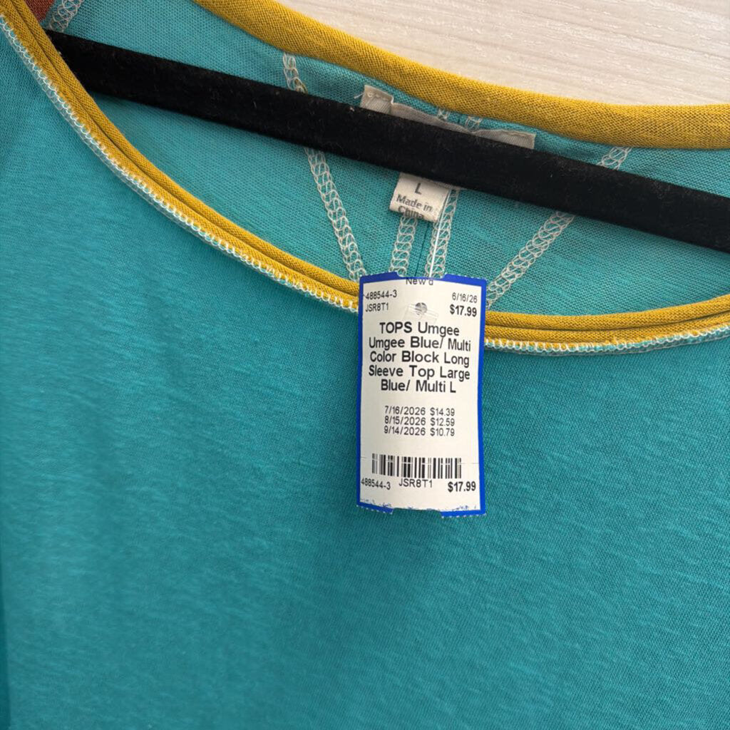 Umgee Blue/ Multi Color Block Long Sleeve Top Large