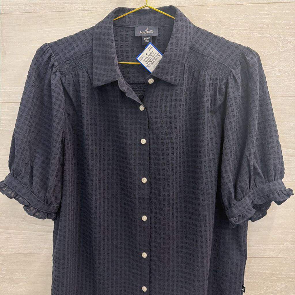 Nautica Navy Gingham Short Sleeve Button Down Top Small