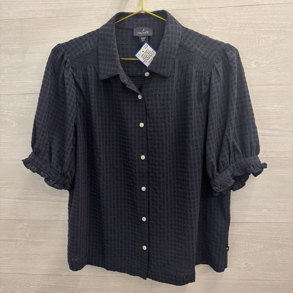 Nautica Navy Gingham Short Sleeve Button Down Top Small