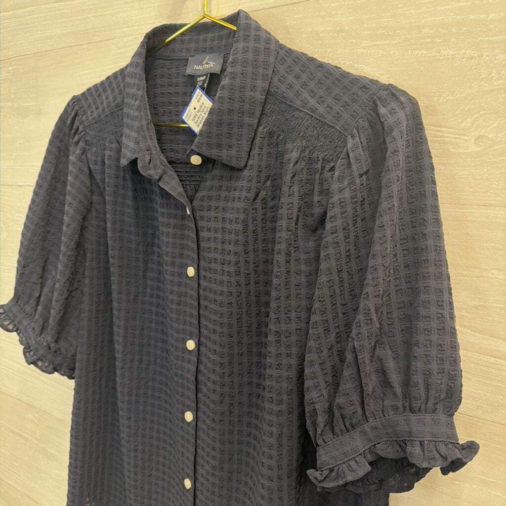 Nautica Navy Gingham Short Sleeve Button Down Top Small