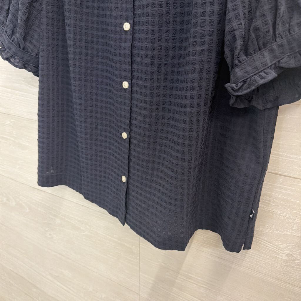 Nautica Navy Gingham Short Sleeve Button Down Top Small