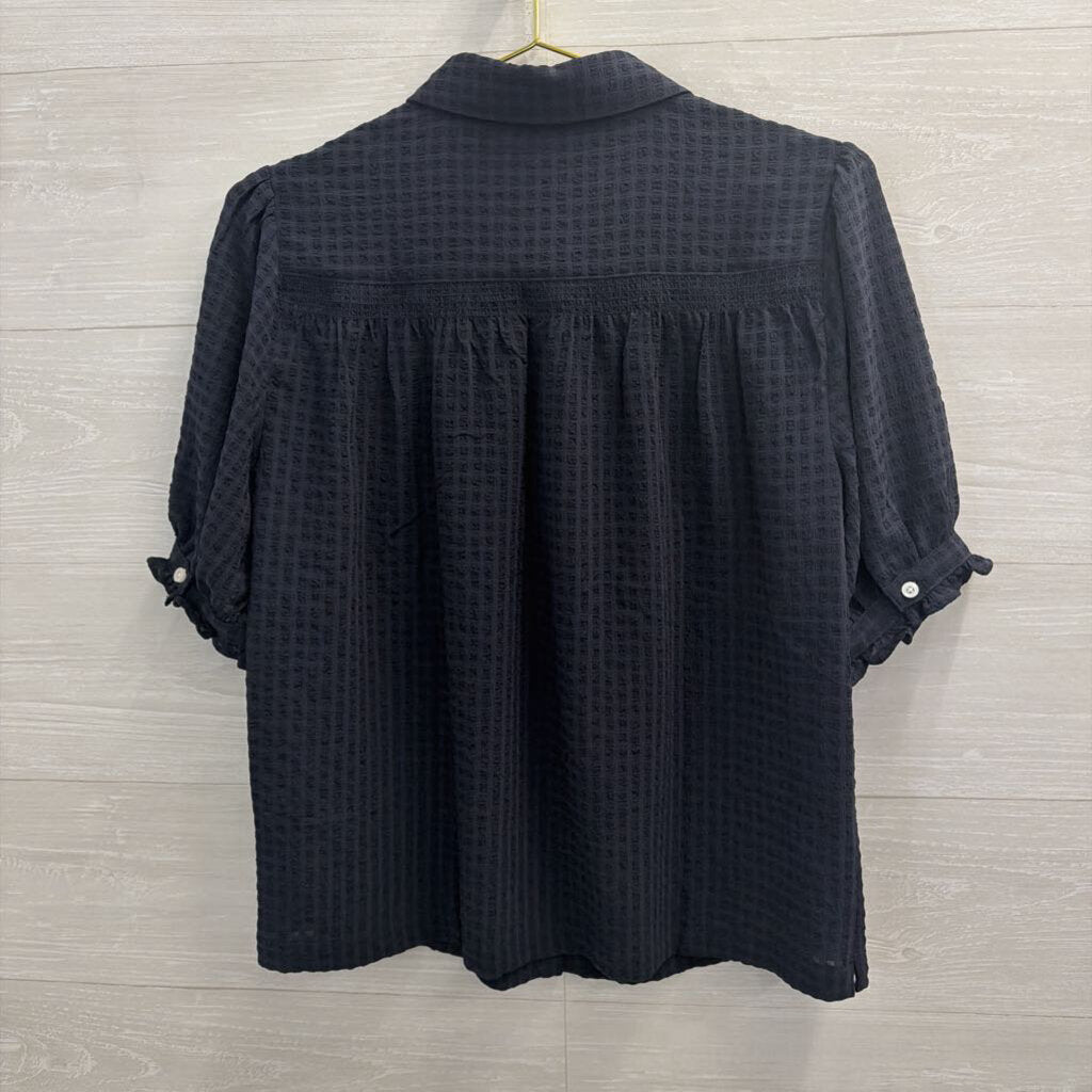 Nautica Navy Gingham Short Sleeve Button Down Top Small