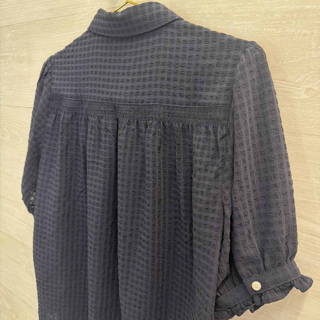 Nautica Navy Gingham Short Sleeve Button Down Top Small
