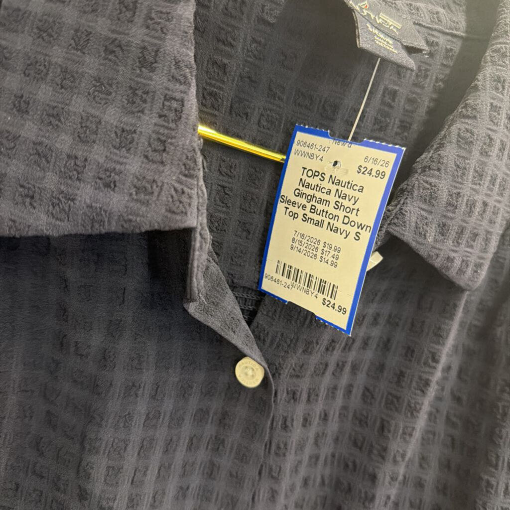 Nautica Navy Gingham Short Sleeve Button Down Top Small