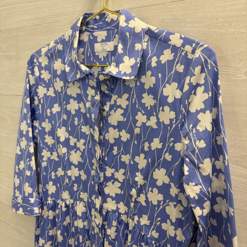 Untuck Blue/ White Print Long Sleeve Button Down Dress Small
