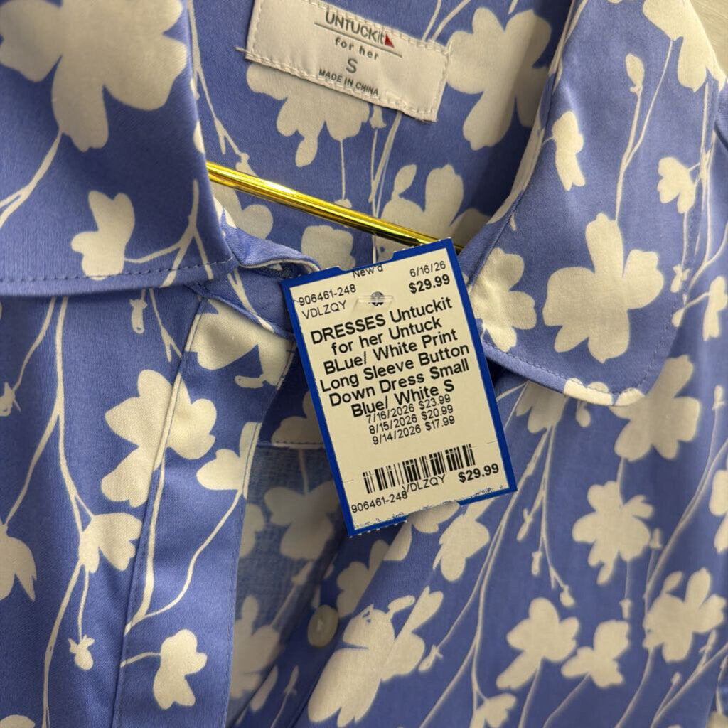 Untuck Blue/ White Print Long Sleeve Button Down Dress Small