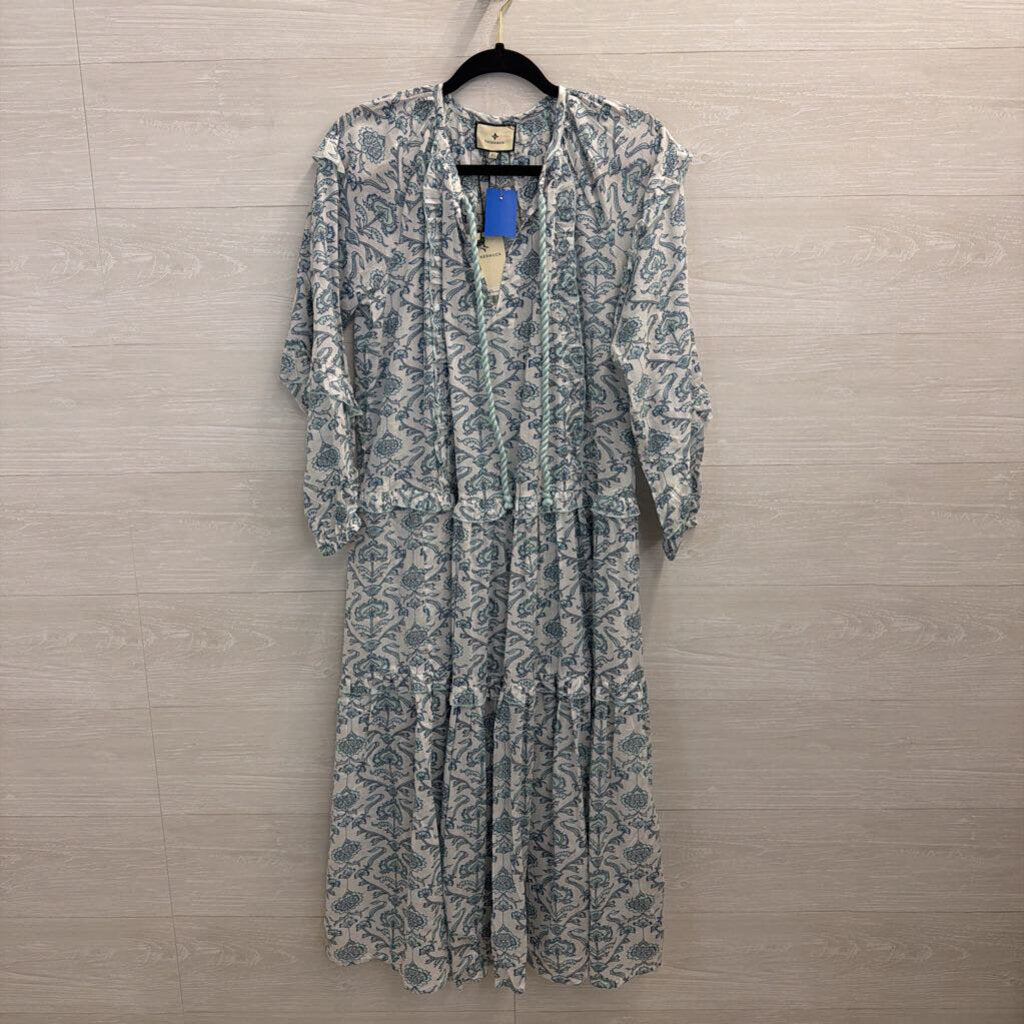 Tuckernuck White/ Blue Print Long Sleeve Maxi Dress Extra Small