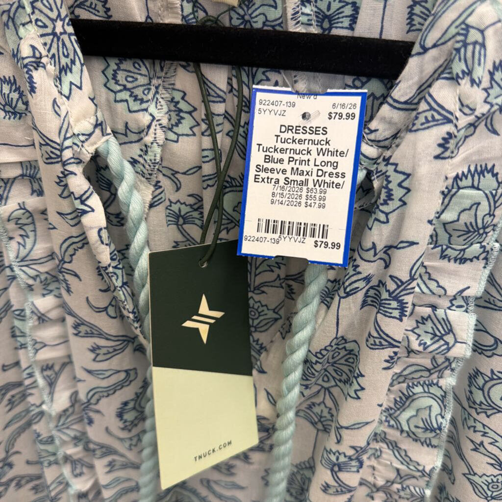 Tuckernuck White/ Blue Print Long Sleeve Maxi Dress Extra Small