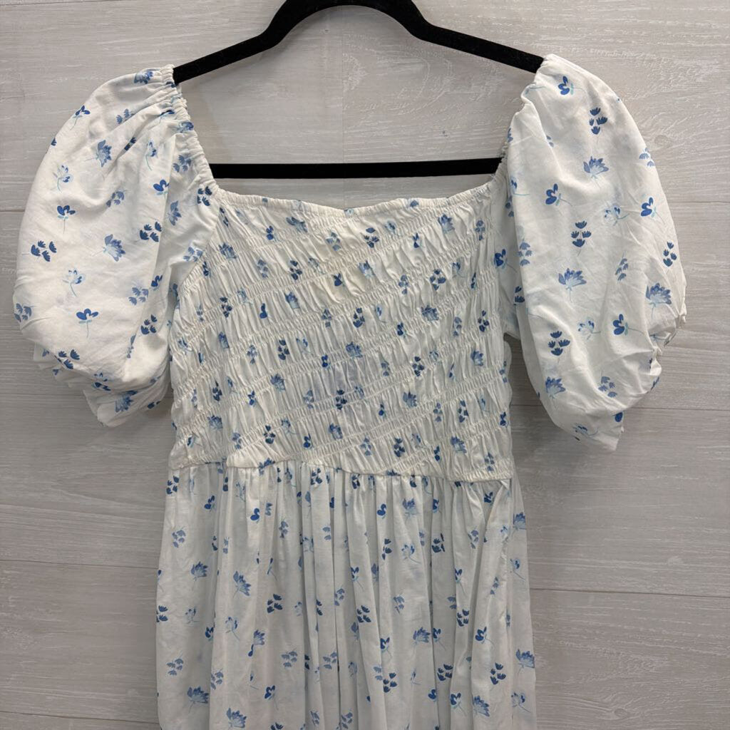 Simply Southern White/ Blue Floral Print Short Puff Sleeve Maxi Dress Small