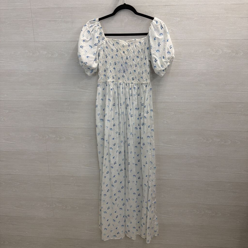 Simply Southern White/ Blue Floral Print Short Puff Sleeve Maxi Dress Small