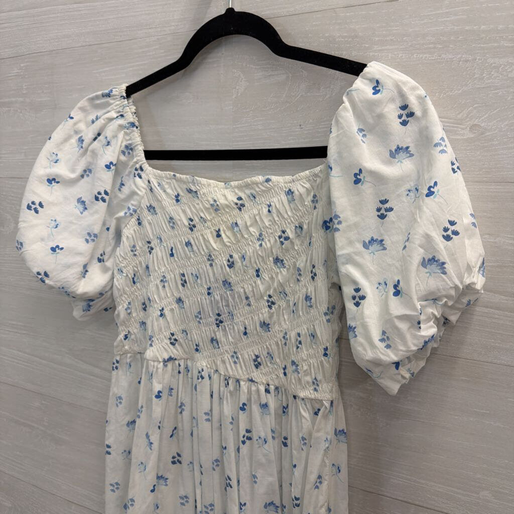 Simply Southern White/ Blue Floral Print Short Puff Sleeve Maxi Dress Small