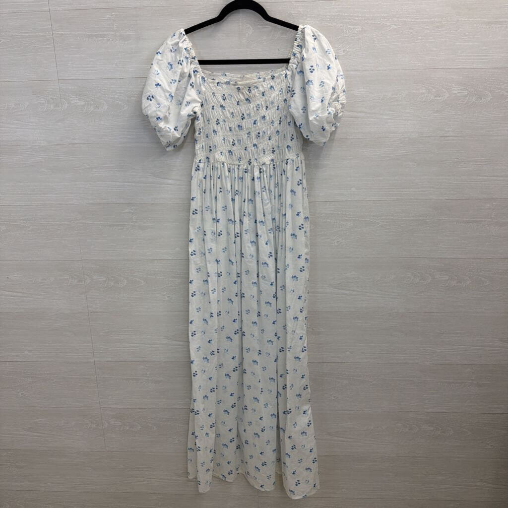 Simply Southern White/ Blue Floral Print Short Puff Sleeve Maxi Dress Small