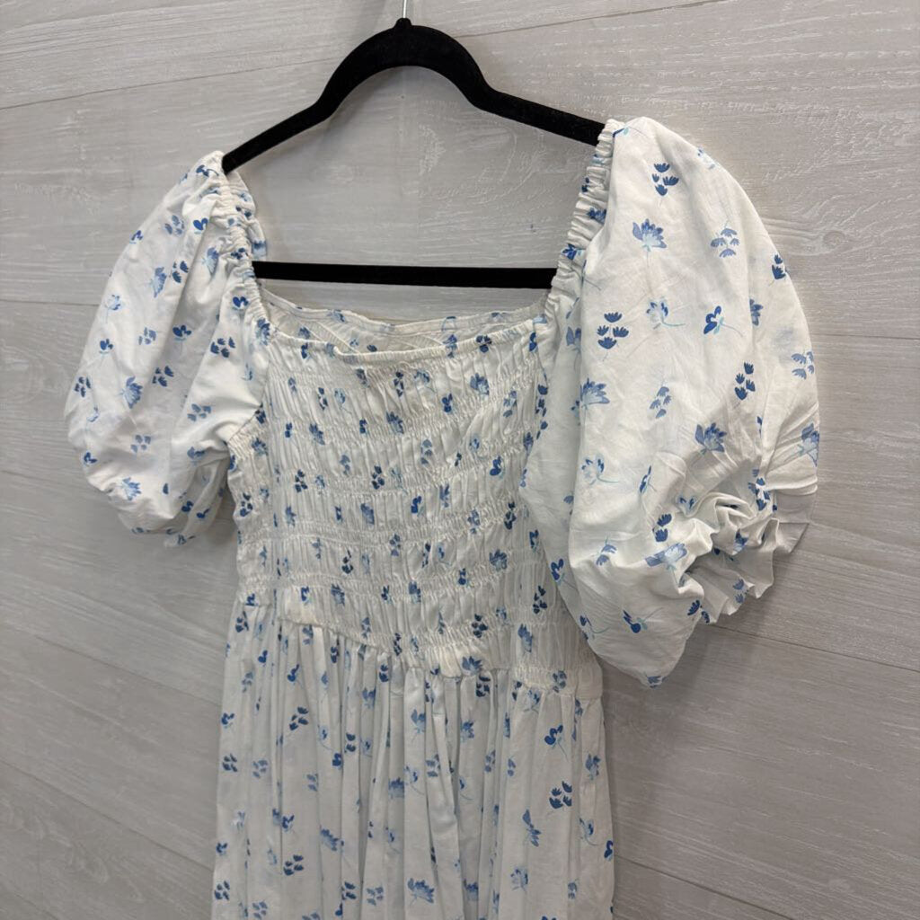Simply Southern White/ Blue Floral Print Short Puff Sleeve Maxi Dress Small