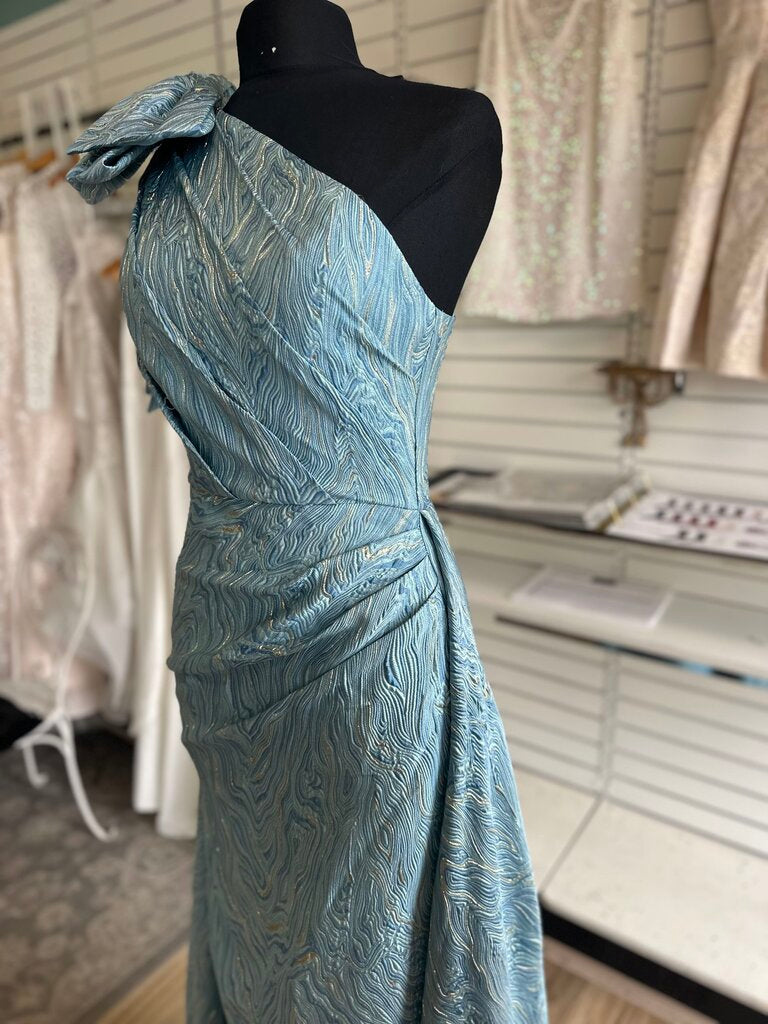 Blue Metallic Print Bow One Shoulder Long Formal Dress Medium
