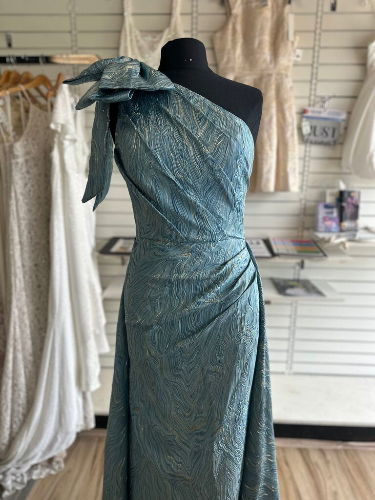 Blue Metallic Print Bow One Shoulder Long Formal Dress Medium