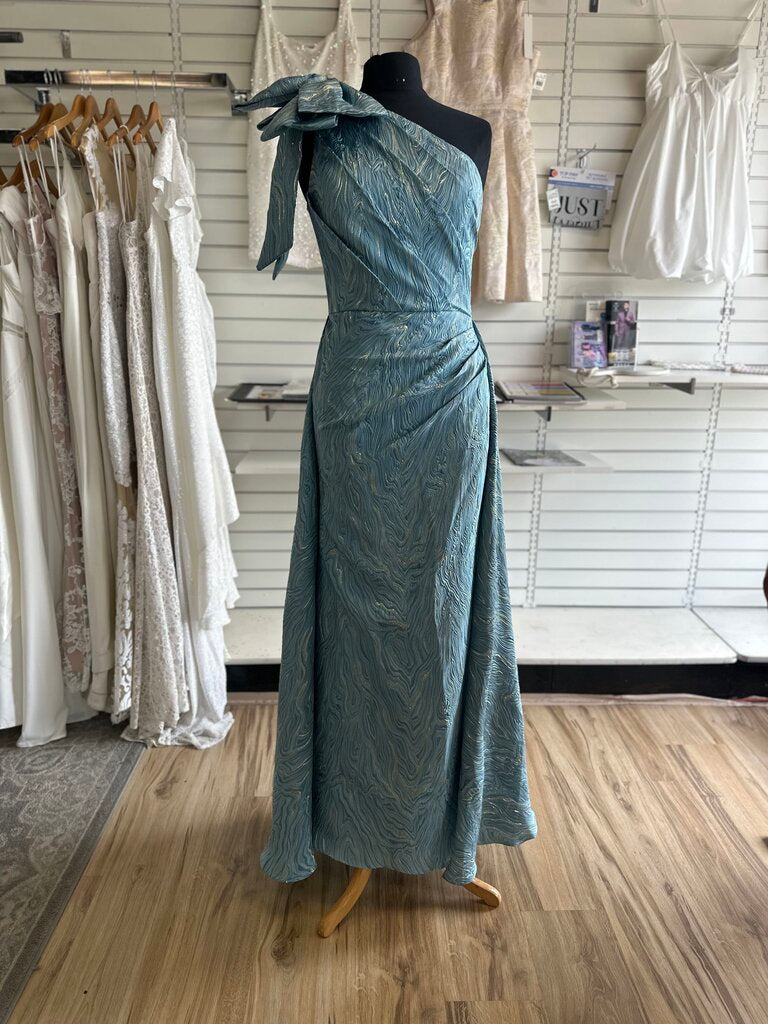Blue Metallic Print Bow One Shoulder Long Formal Dress Medium