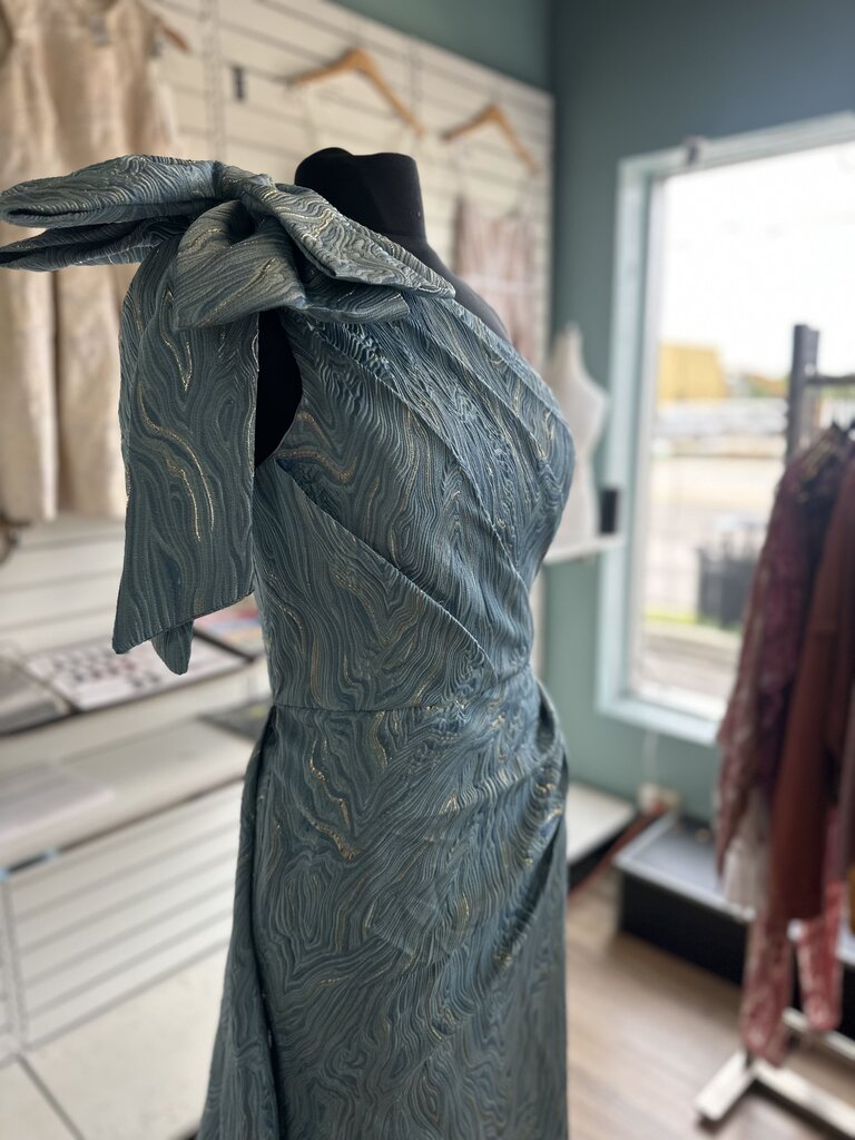 Blue Metallic Print Bow One Shoulder Long Formal Dress Medium