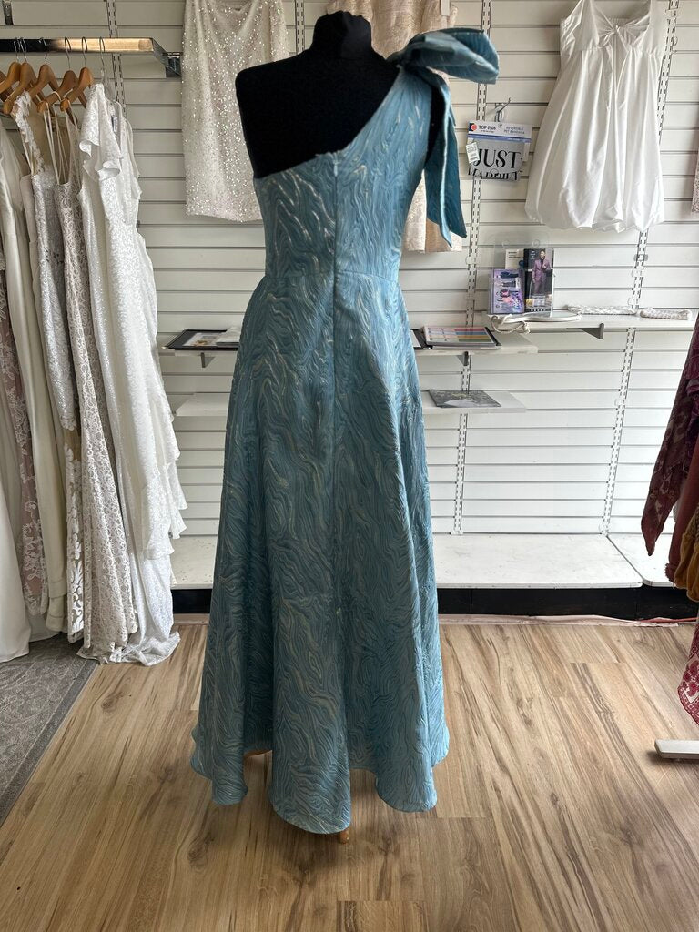 Blue Metallic Print Bow One Shoulder Long Formal Dress Medium