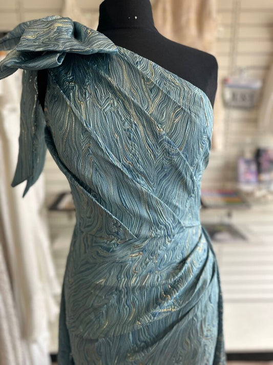 Blue Metallic Print Bow One Shoulder Long Formal Dress Medium