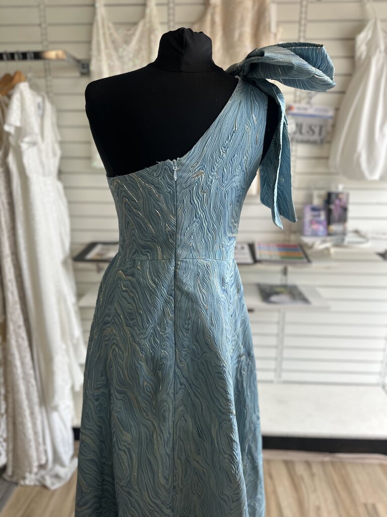 Blue Metallic Print Bow One Shoulder Long Formal Dress Medium