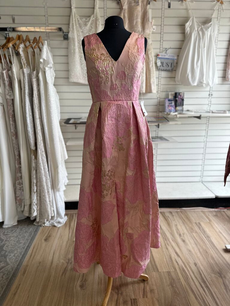 Pink Metallic Floral Print Sleeveless Long Formal Dress Medium