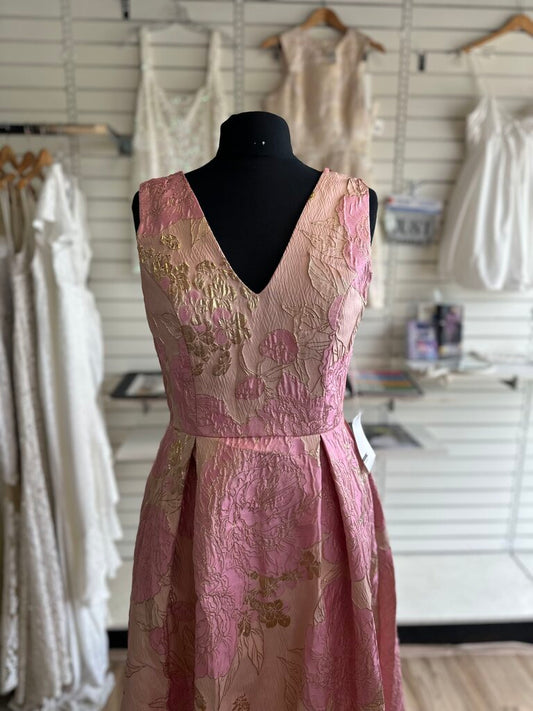 Pink Metallic Floral Print Sleeveless Long Formal Dress Medium