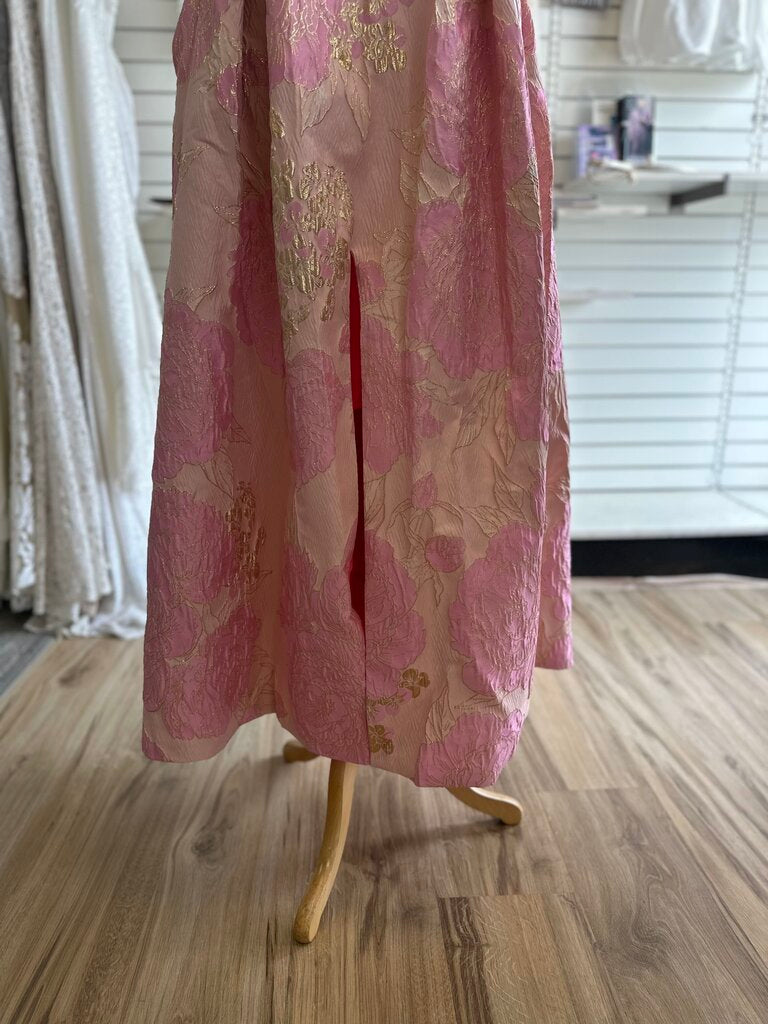 Pink Metallic Floral Print Sleeveless Long Formal Dress Medium