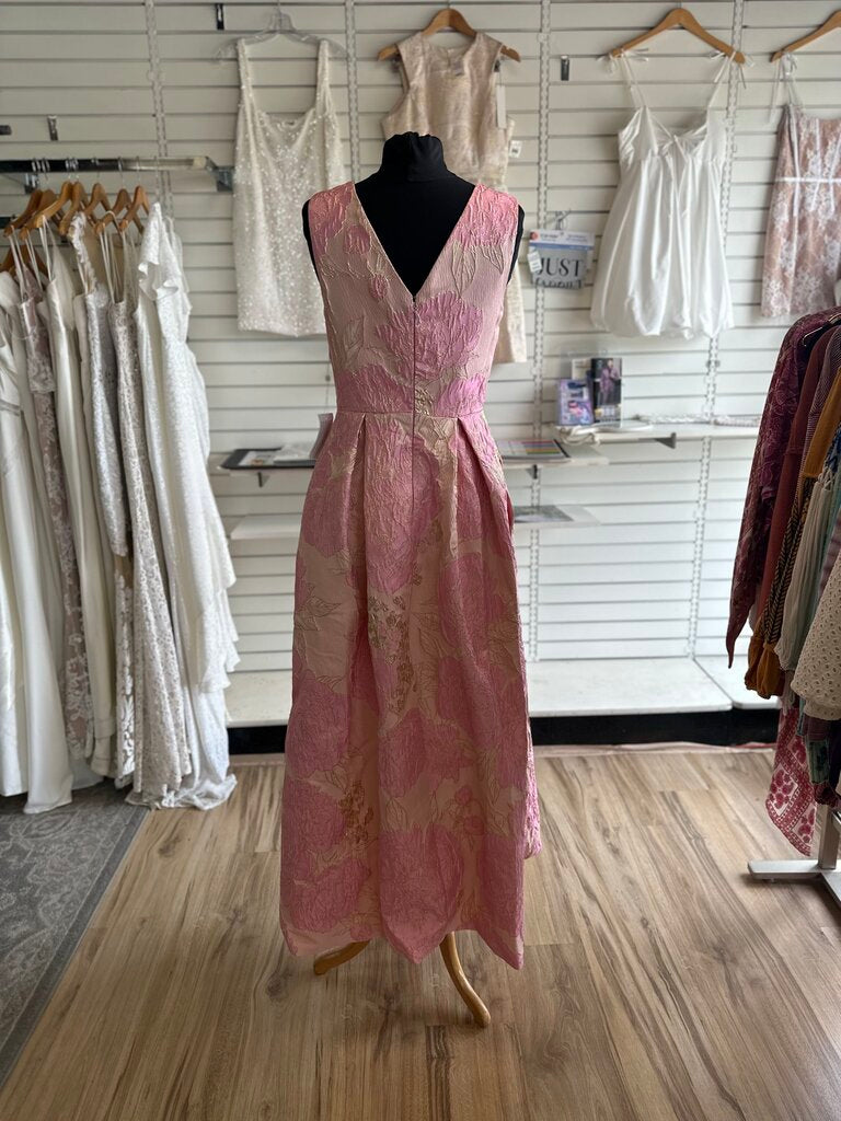Pink Metallic Floral Print Sleeveless Long Formal Dress Medium