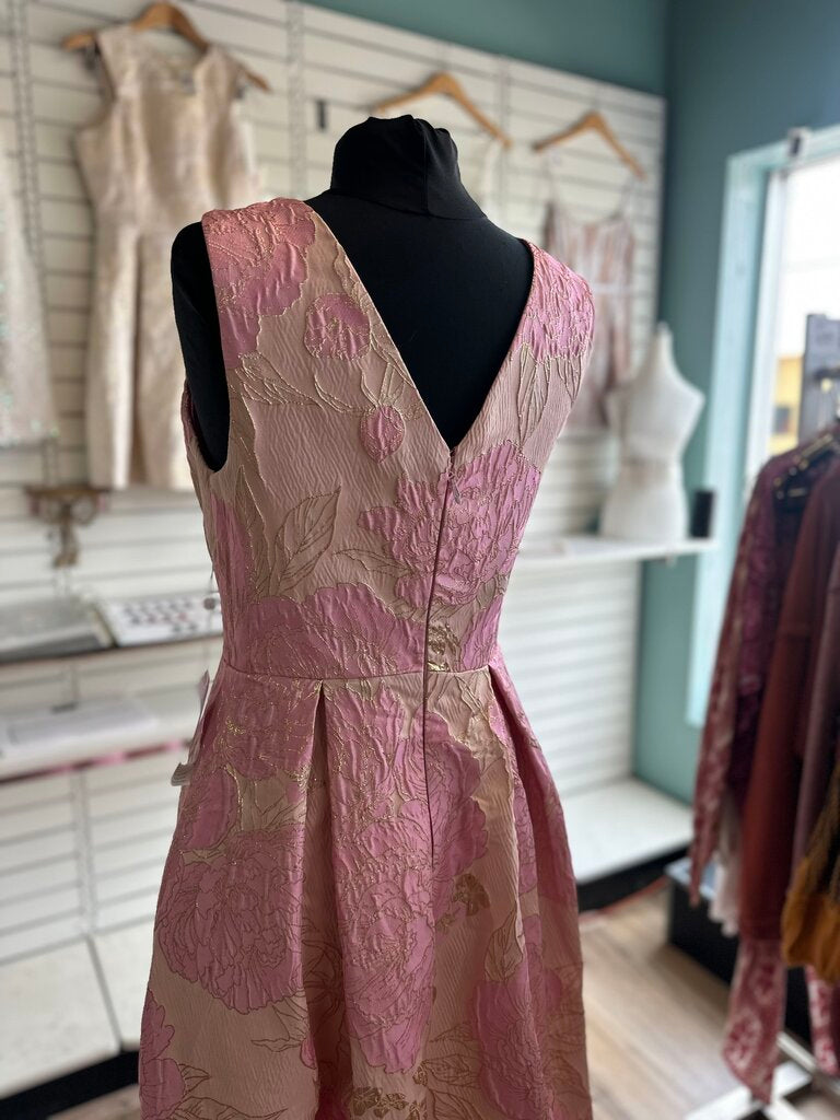 Pink Metallic Floral Print Sleeveless Long Formal Dress Medium