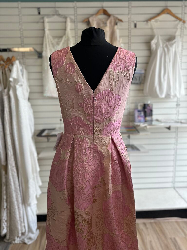 Pink Metallic Floral Print Sleeveless Long Formal Dress Medium