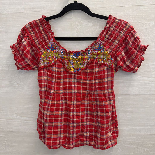 Free People Red Plaid Embroidered Short Puff Sleeve Top 0