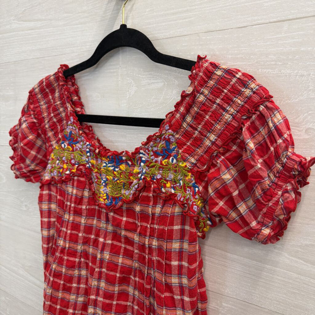 Free People Red Plaid Embroidered Short Puff Sleeve Top 0