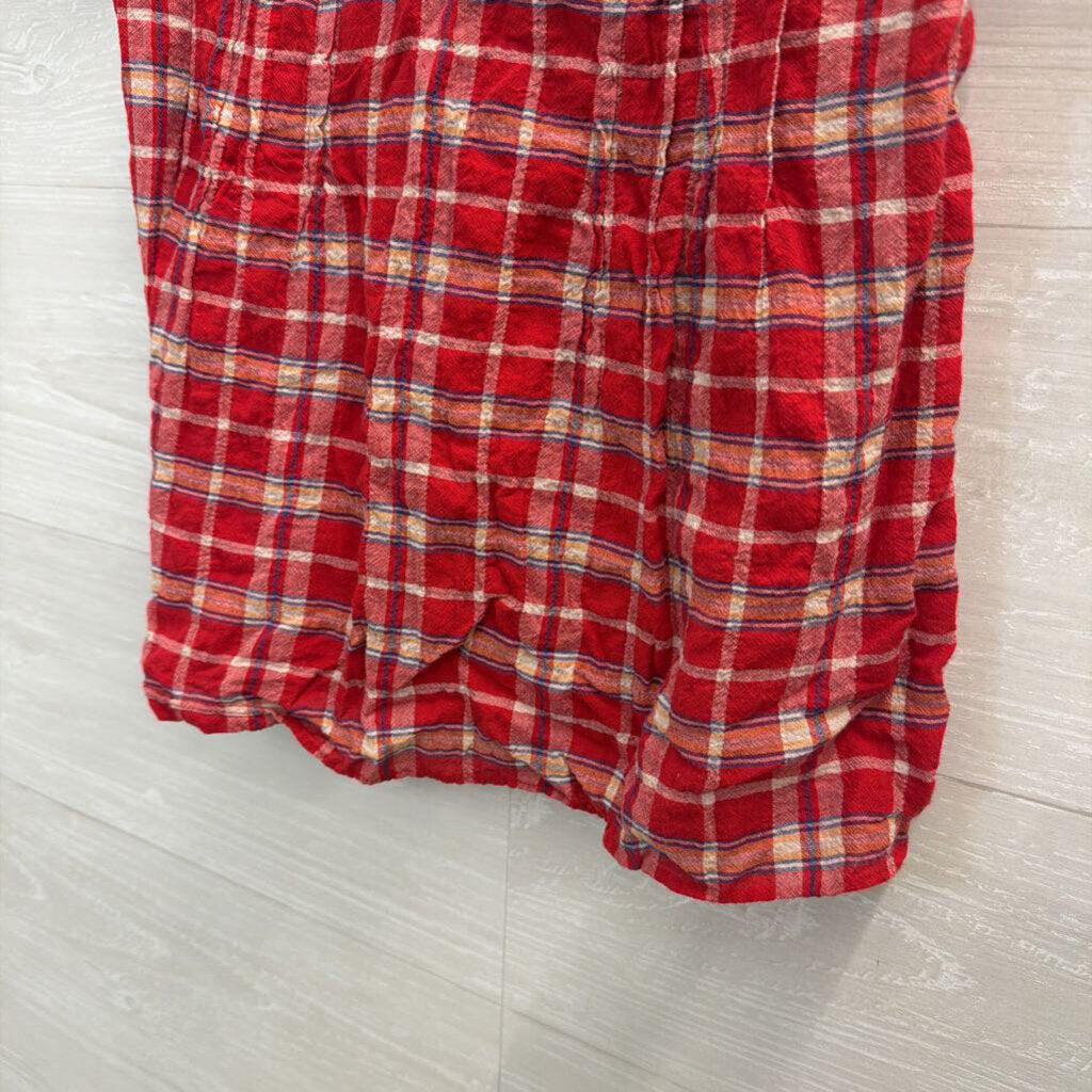 Free People Red Plaid Embroidered Short Puff Sleeve Top 0