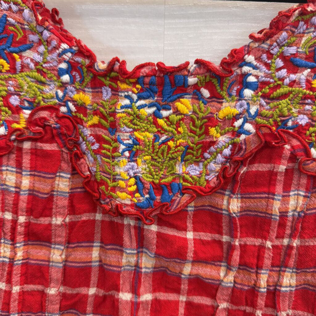 Free People Red Plaid Embroidered Short Puff Sleeve Top 0