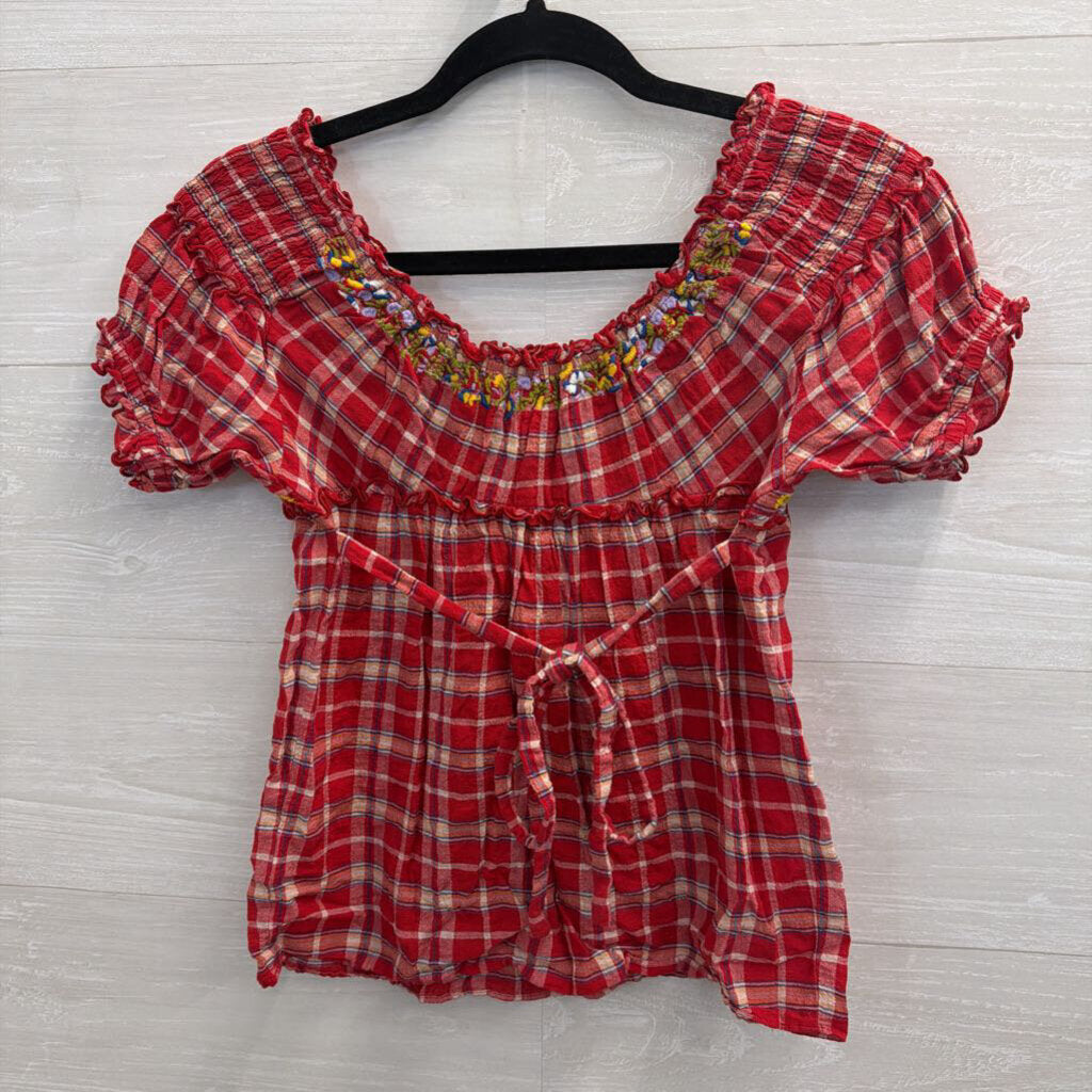 Free People Red Plaid Embroidered Short Puff Sleeve Top 0