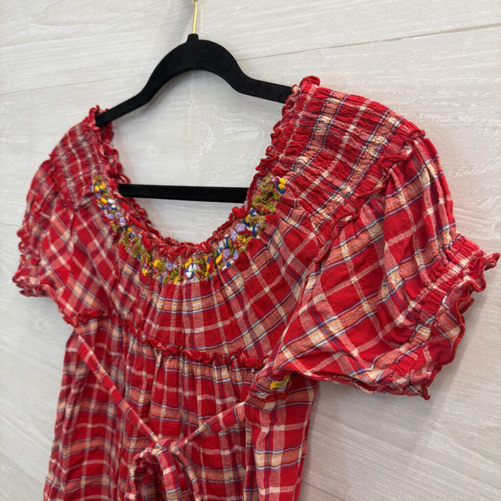 Free People Red Plaid Embroidered Short Puff Sleeve Top 0