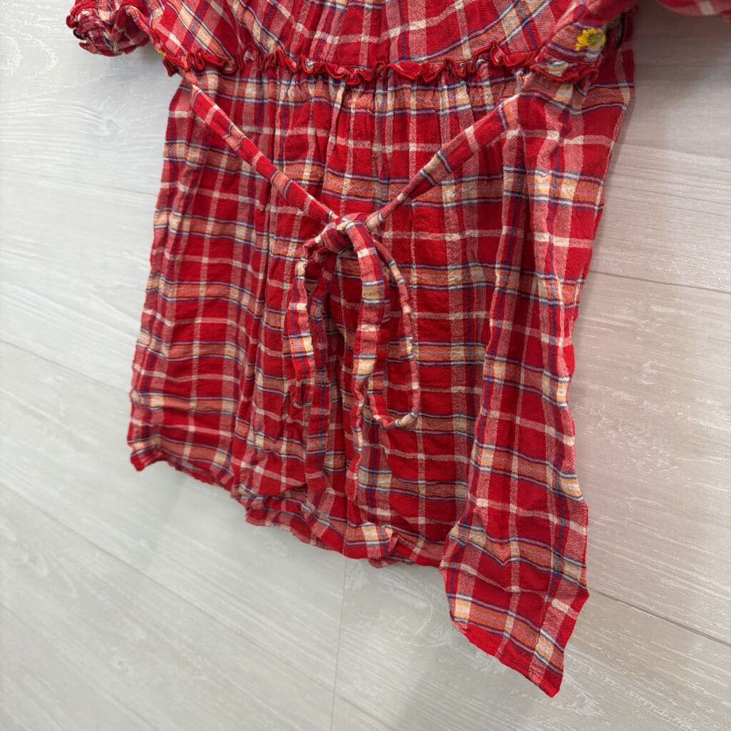 Free People Red Plaid Embroidered Short Puff Sleeve Top 0