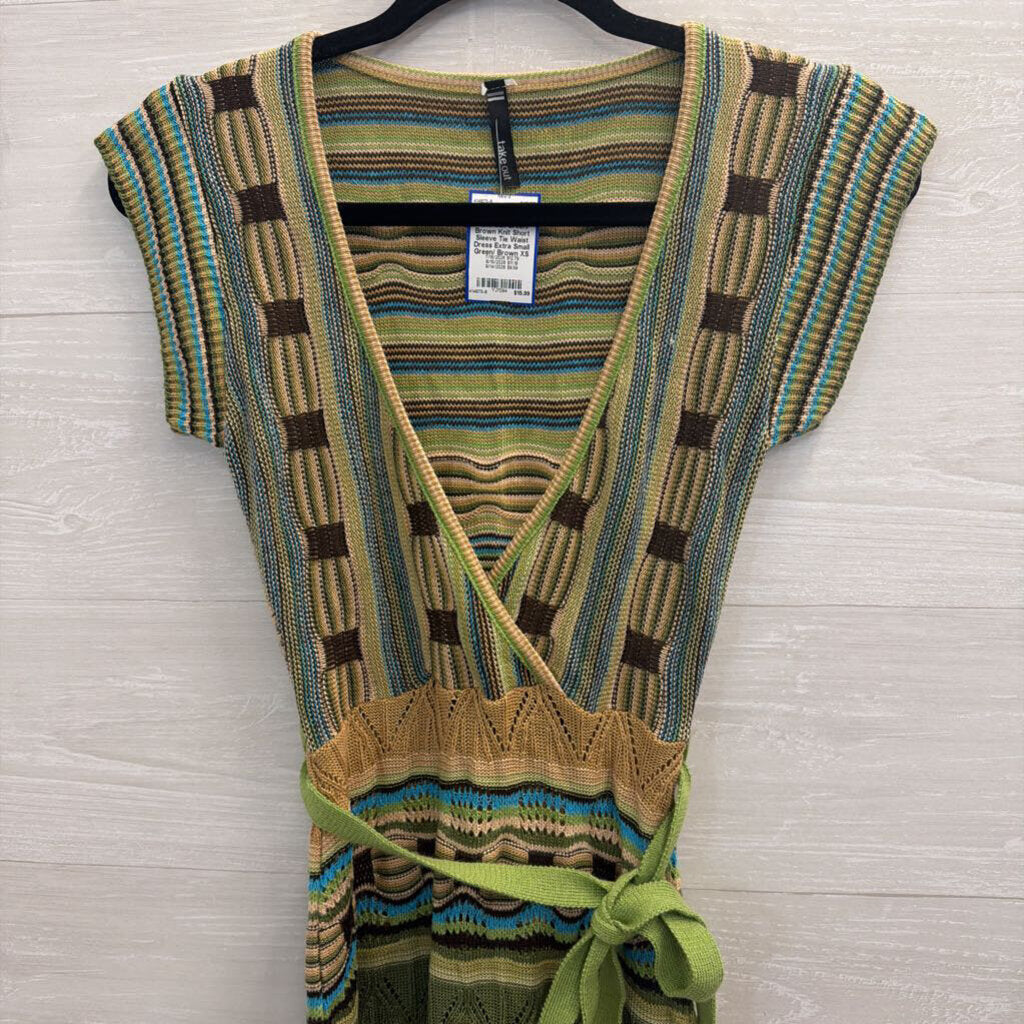 Take Out Green/ Brown Knit Short Sleeve Tie Waist Dress Extra Small