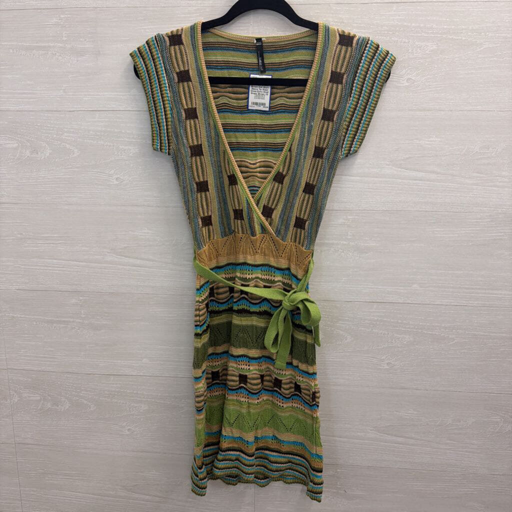 Take Out Green/ Brown Knit Short Sleeve Tie Waist Dress Extra Small
