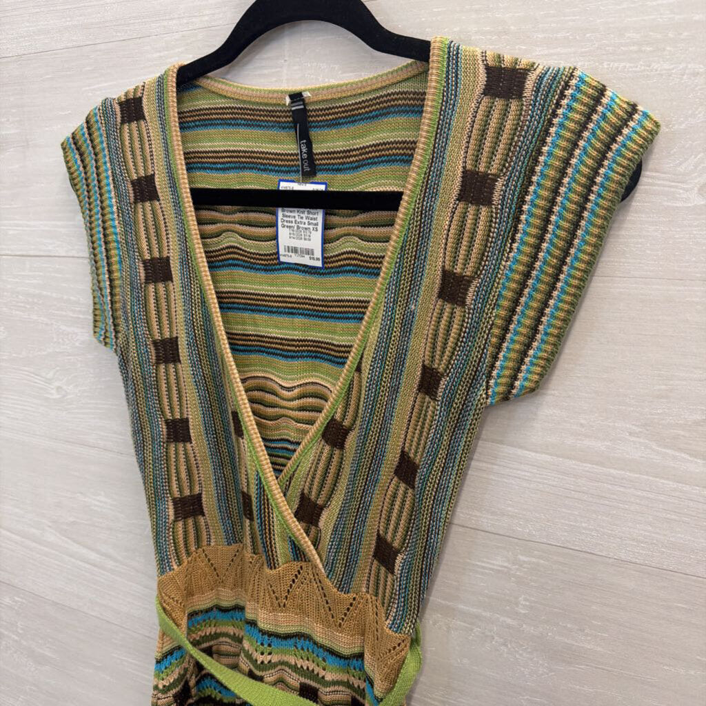 Take Out Green/ Brown Knit Short Sleeve Tie Waist Dress Extra Small