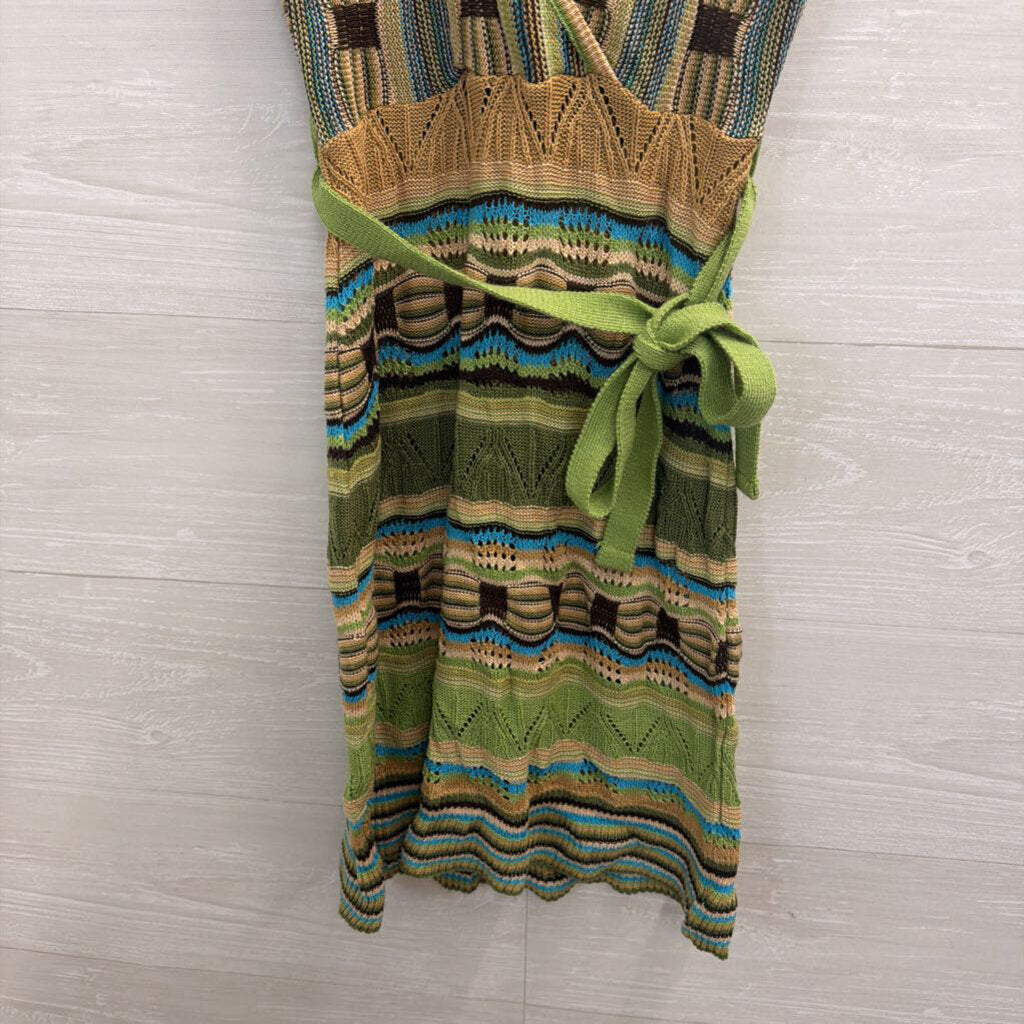 Take Out Green/ Brown Knit Short Sleeve Tie Waist Dress Extra Small