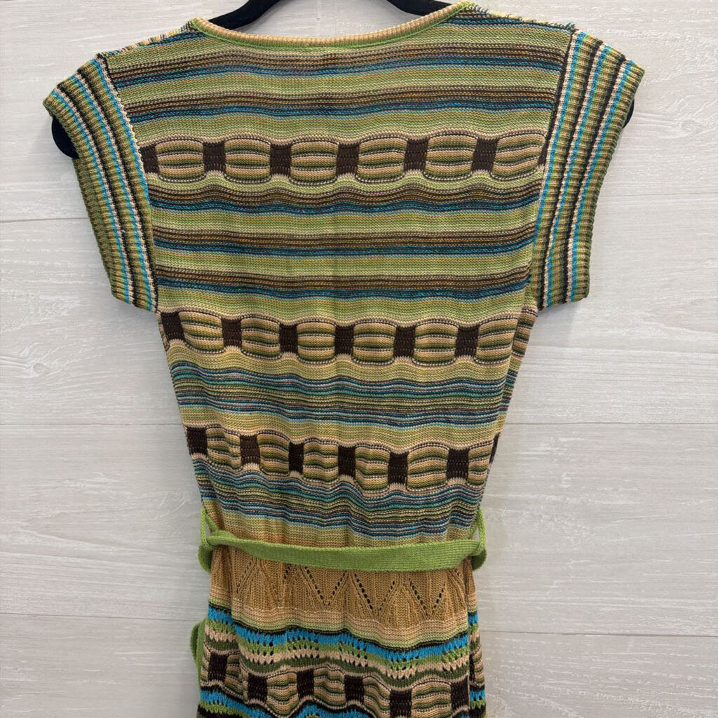Take Out Green/ Brown Knit Short Sleeve Tie Waist Dress Extra Small