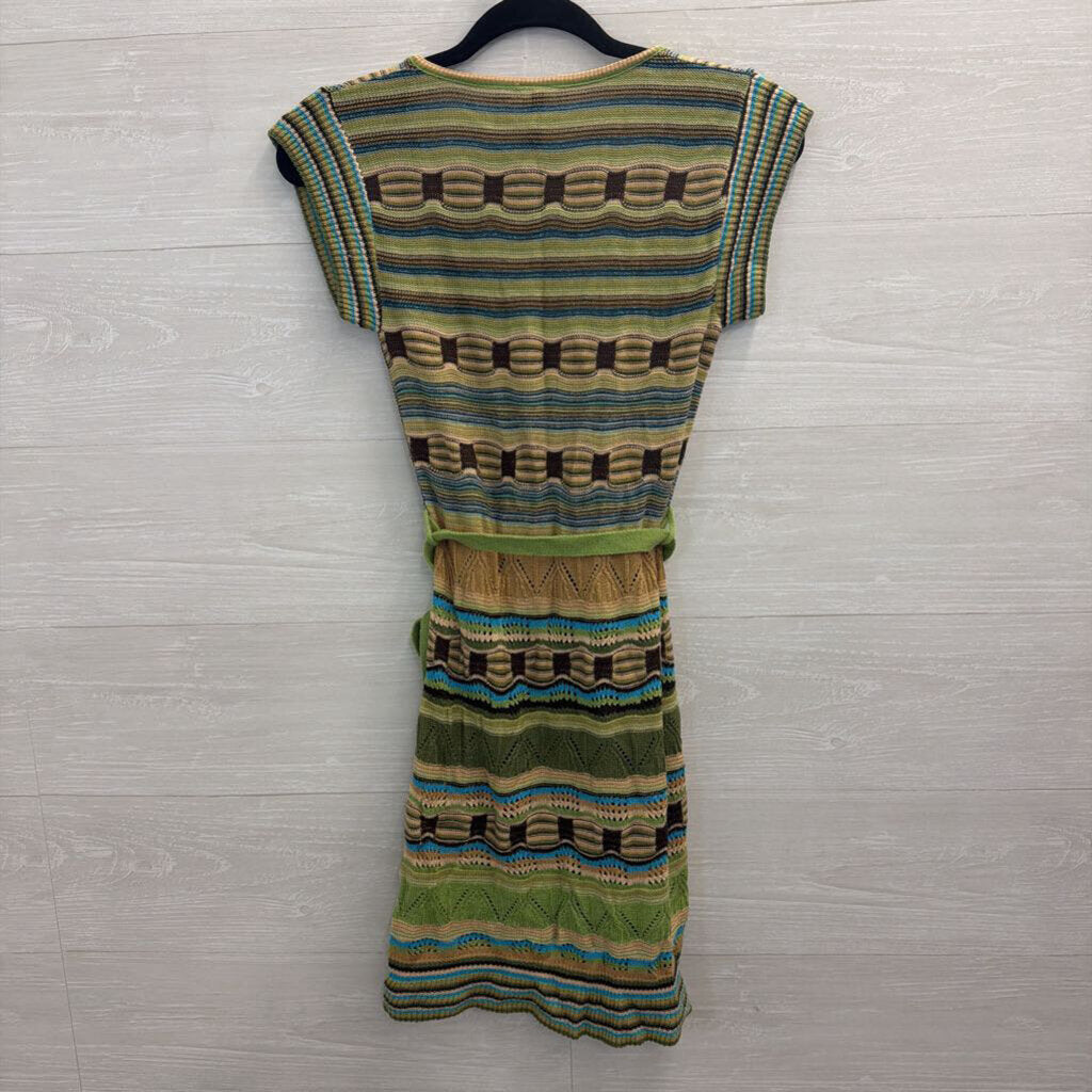 Take Out Green/ Brown Knit Short Sleeve Tie Waist Dress Extra Small