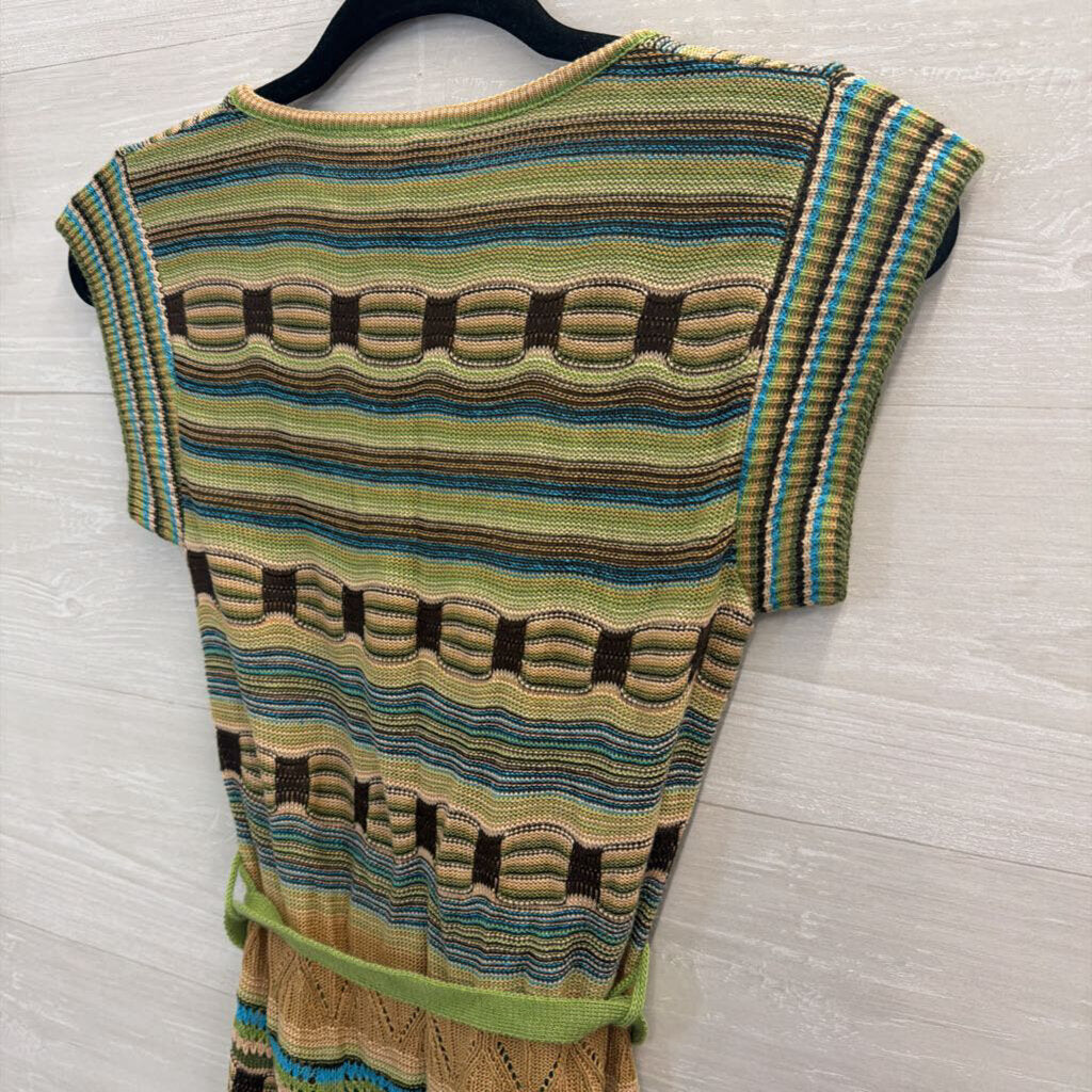 Take Out Green/ Brown Knit Short Sleeve Tie Waist Dress Extra Small