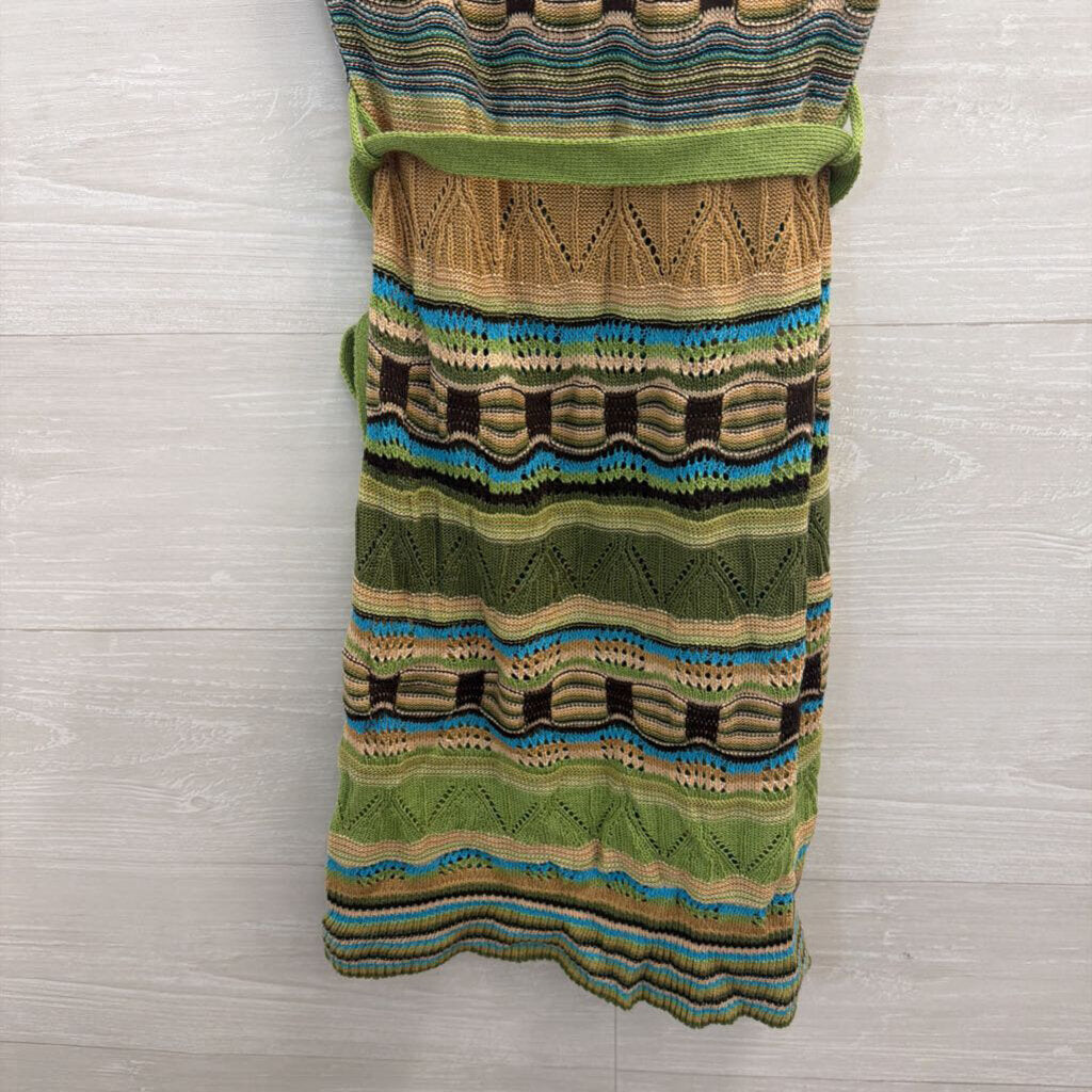 Take Out Green/ Brown Knit Short Sleeve Tie Waist Dress Extra Small