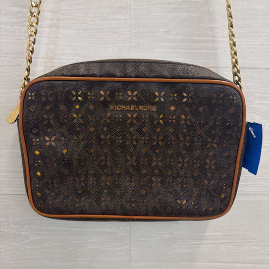 Michael Kors Brown Logo Leather Perforated Gold Tone Design Jet Set Crossbody Purse