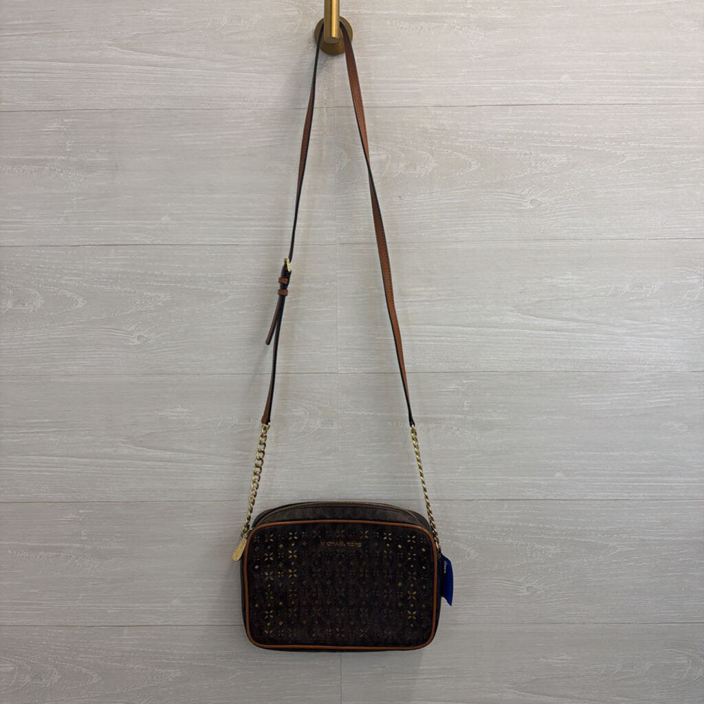 Michael Kors Brown Logo Leather Perforated Gold Tone Design Jet Set Crossbody Purse